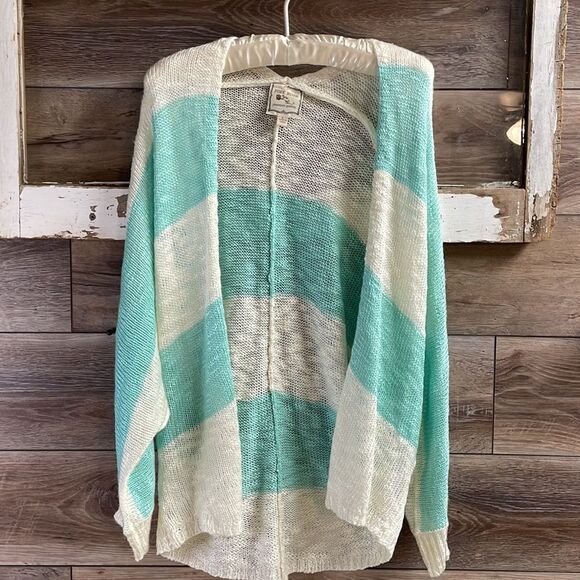 PINK ROSE Womens Lightweight Knit Open Front Sweater Cardigan Teal White Size L - Picture 7 of 7